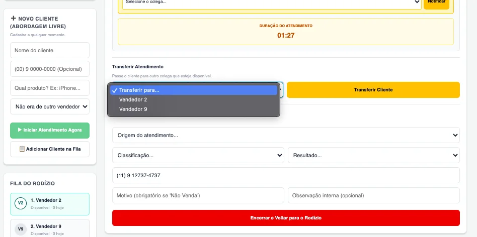 Transferência do atendimento para outro vendedor