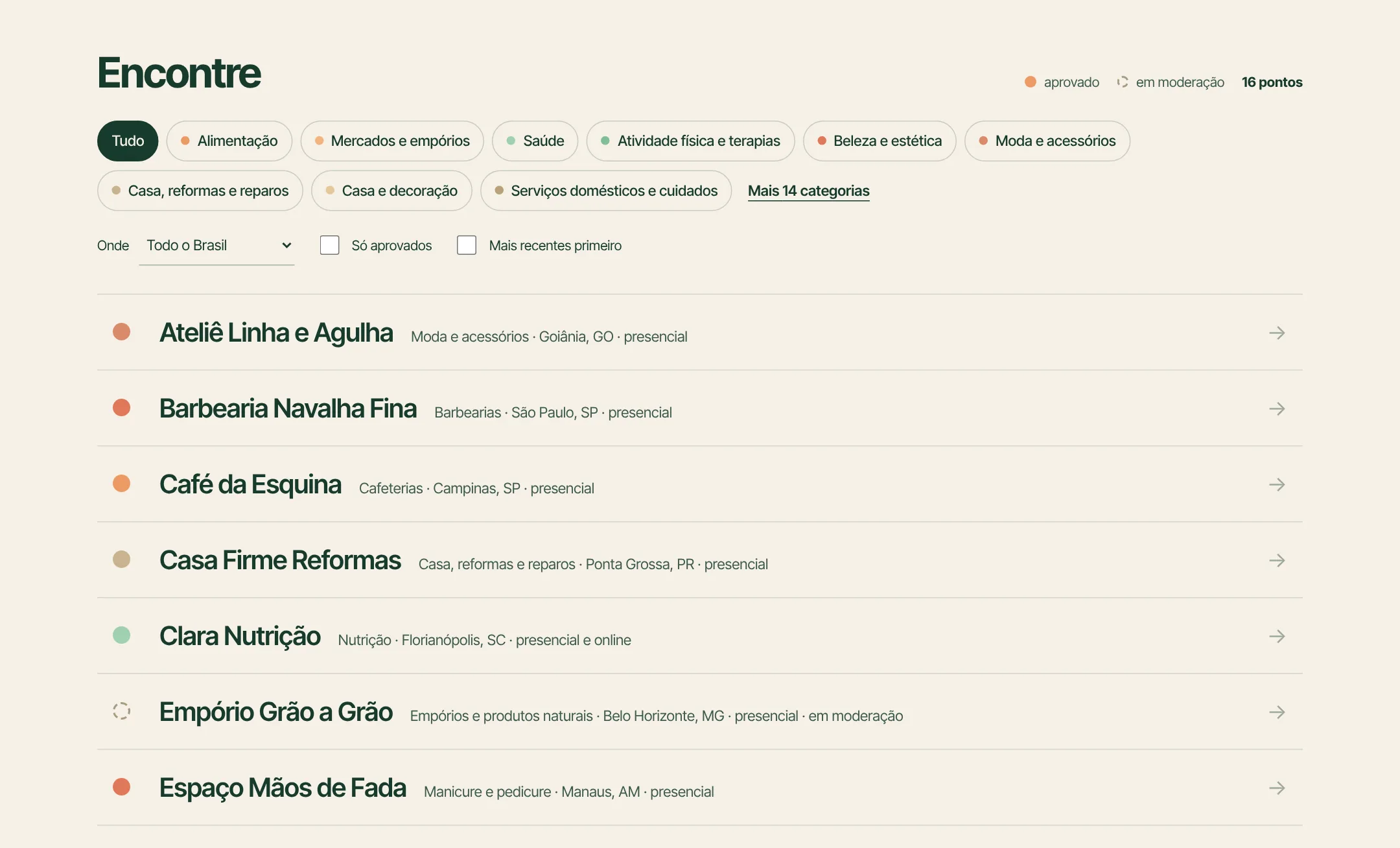 Busca por categoria, estado e situação do ponto